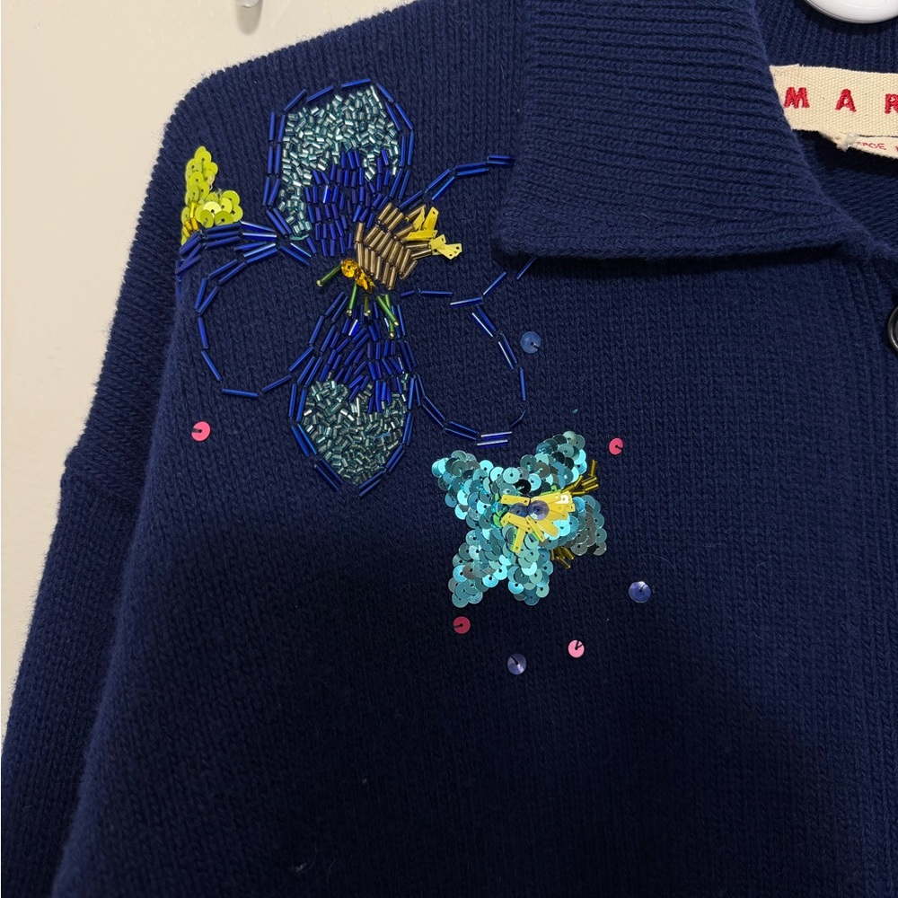 Marni 100% Wool Navy Beaded Sweater Cardigan - Picture 4 of 8